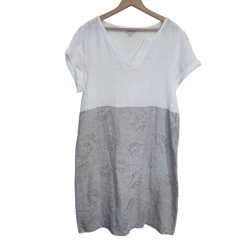 Lina Tomei Linen Tunic Dress Sz Large White Gray Greige Leaf Print Made in Italy
